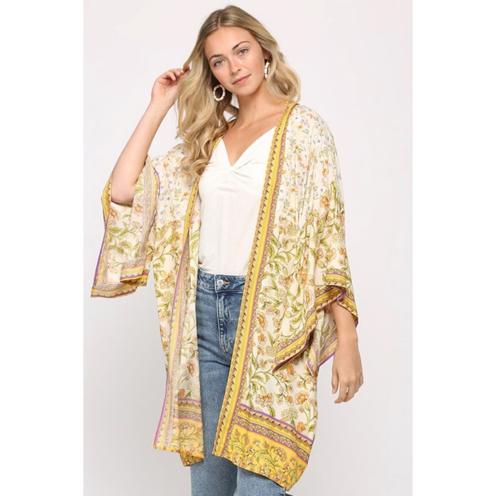SOLD OUT Yellow Golden Bohemian Floral 3/4 Sleeve Open Kimono Casual Wrap - Picture 1 of 5